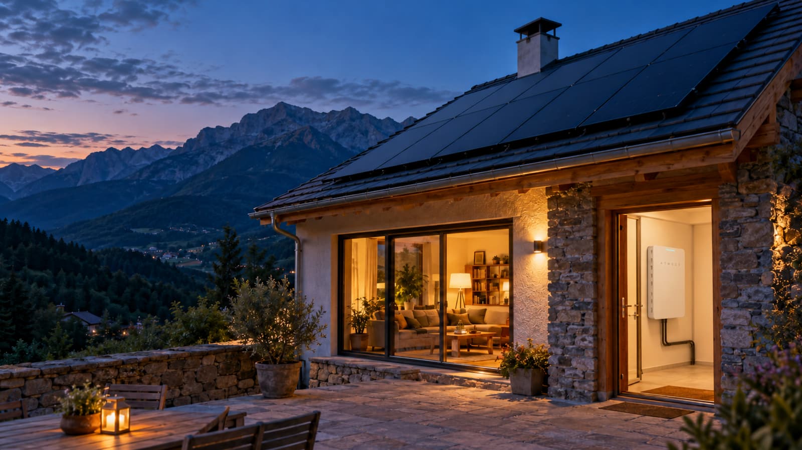 Maison alpine au crépuscule, batterie ATMOCE